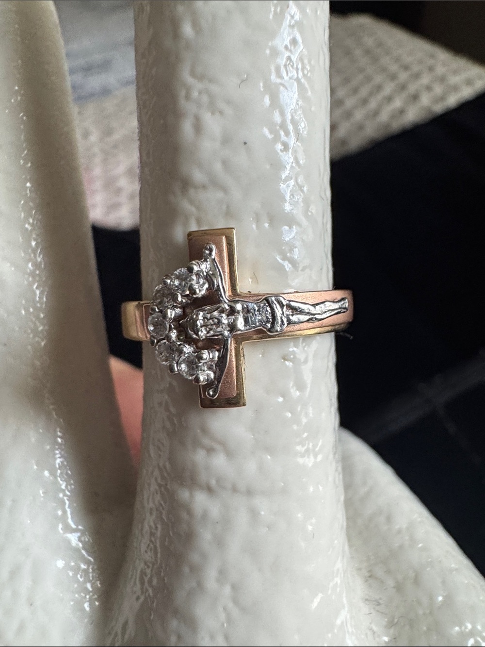 14K Gold- Gold and Silver Crucifix Ring with Clear Stones - Women Jewelry (8)